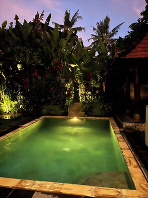 A rectangular swimming pool surrounded by lush tropical vegetation and a stone wall. - Wira Krisna Tranquil Villas by EPS (Ubud)