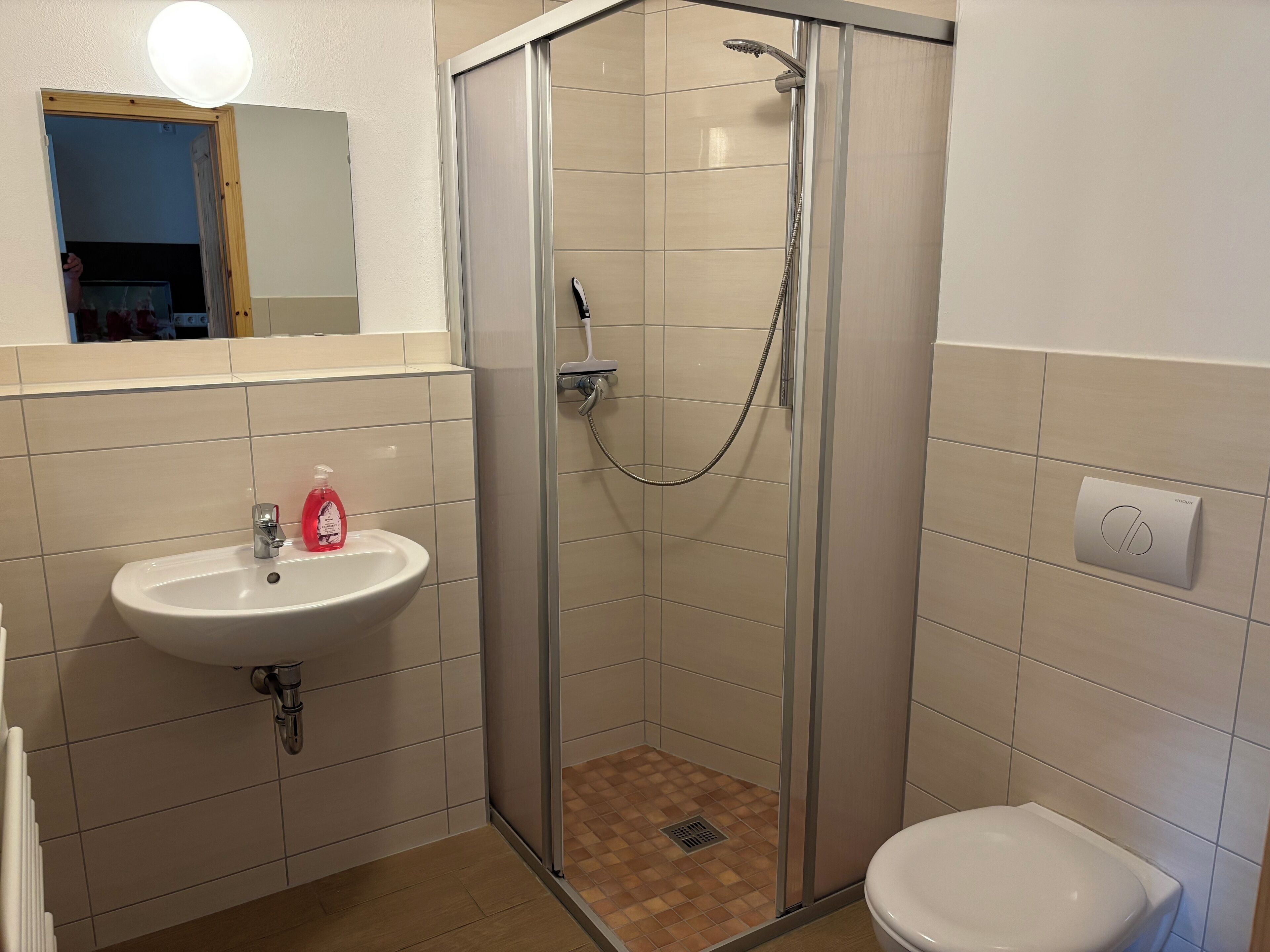 Une salle de bain avec une douche à parois de verre, un lavabo avec un distributeur de savon et des toilettes.
