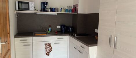 Fridge, microwave, stovetop, coffee/tea maker