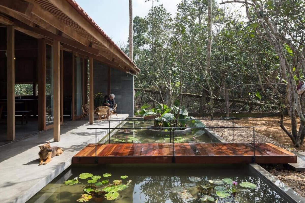 A modern outdoor area with a wooden deck, a small pond with lily pads, and a seating area with chairs.