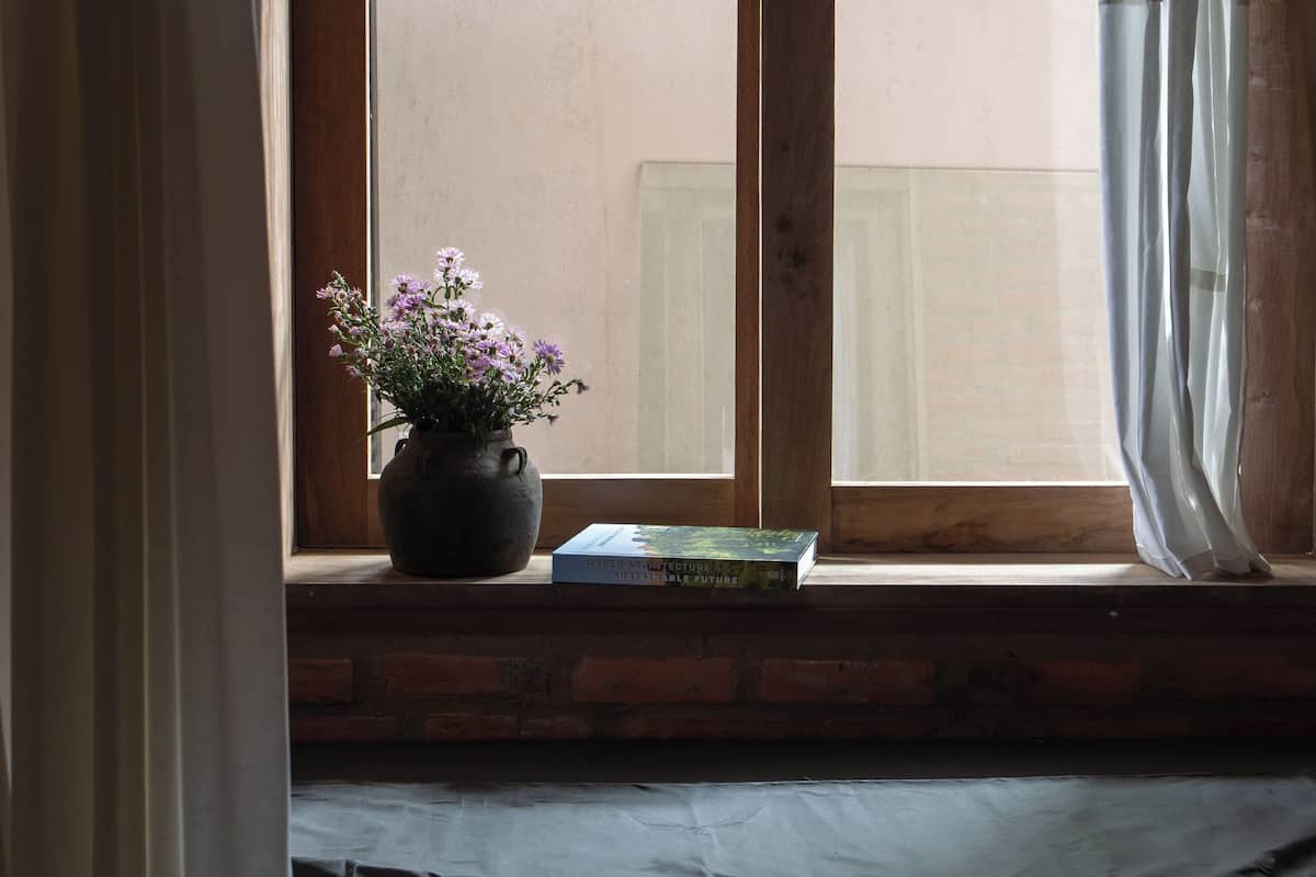 A room with a large window, a potted plant, and a book on the windowsill.