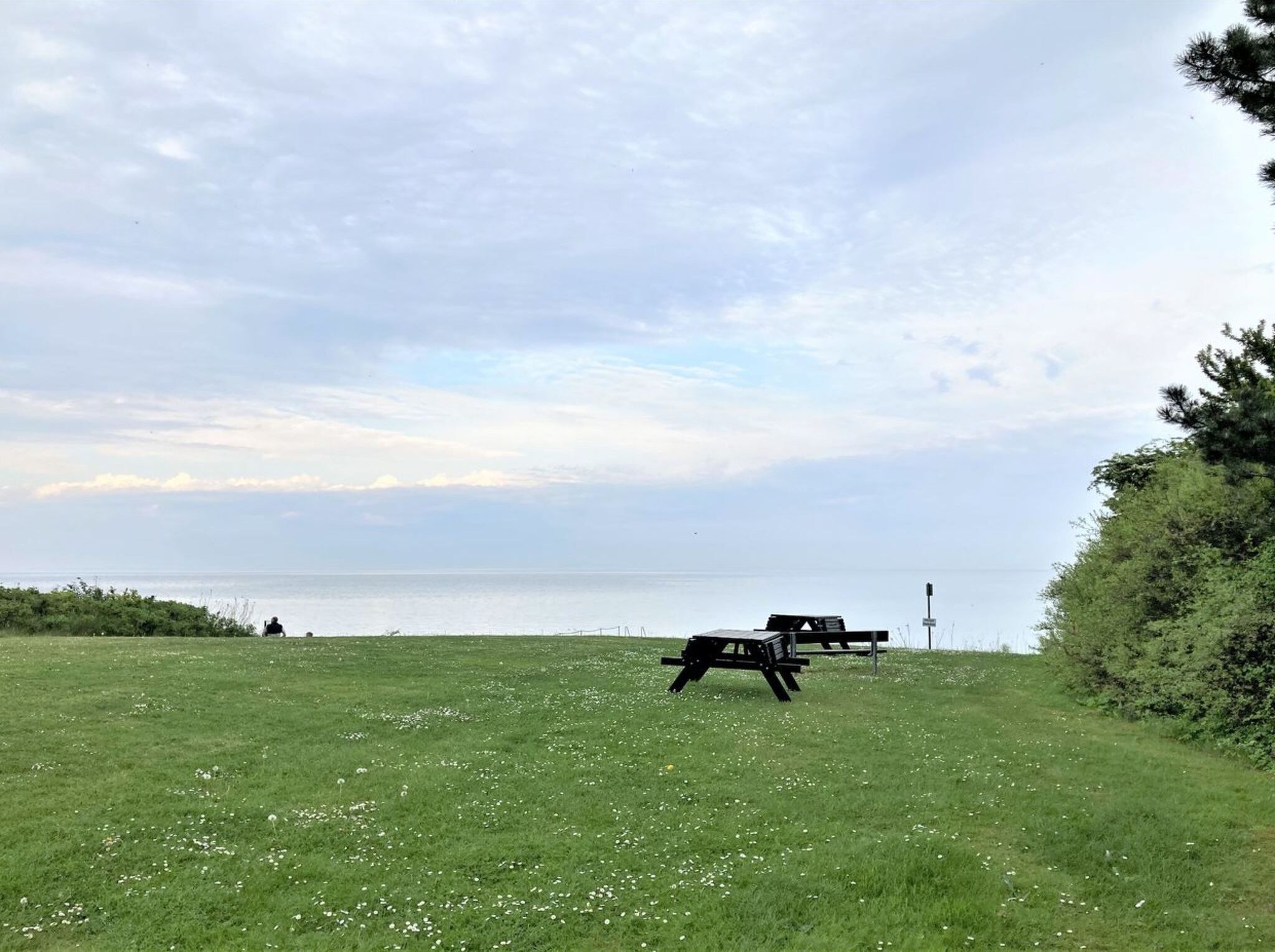 Un champ verdoyant avec une table de pique-nique et un banc, d’où l’on a une vue sur une étendue d’eau.