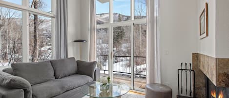 TV connectée, cheminée, livres
