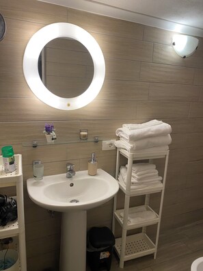 Douche, séchoir à cheveux, bidet, serviettes fournies