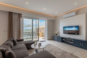 21-inch flat-screen TV with digital channels, fireplace