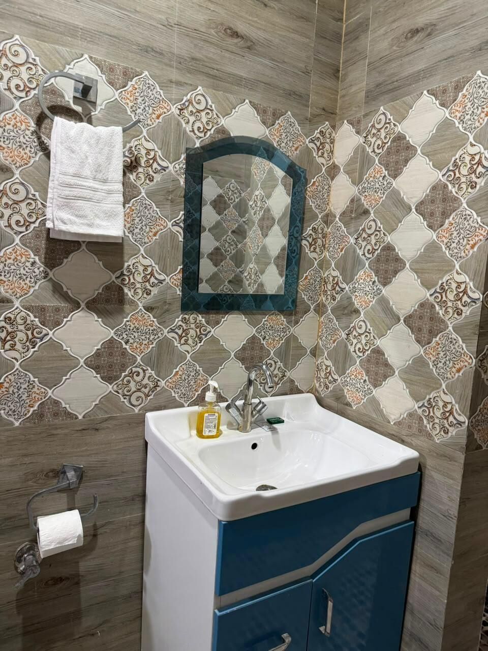Un bany amb rajoles estampades, un lavabo, un mirall i un suport per tovallons.