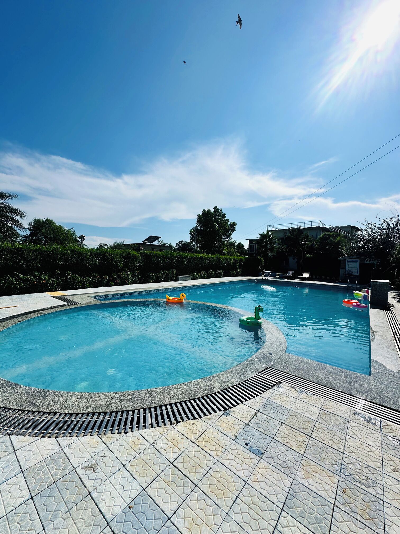 Une piscine à l’eau d’un bleu cristallin, entourée d’une terrasse carrelée.