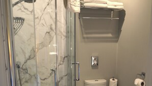 A bathroom with a glass-enclosed shower, a toilet, and a sink. - Victoria Lodge Guest House (Salisbury)