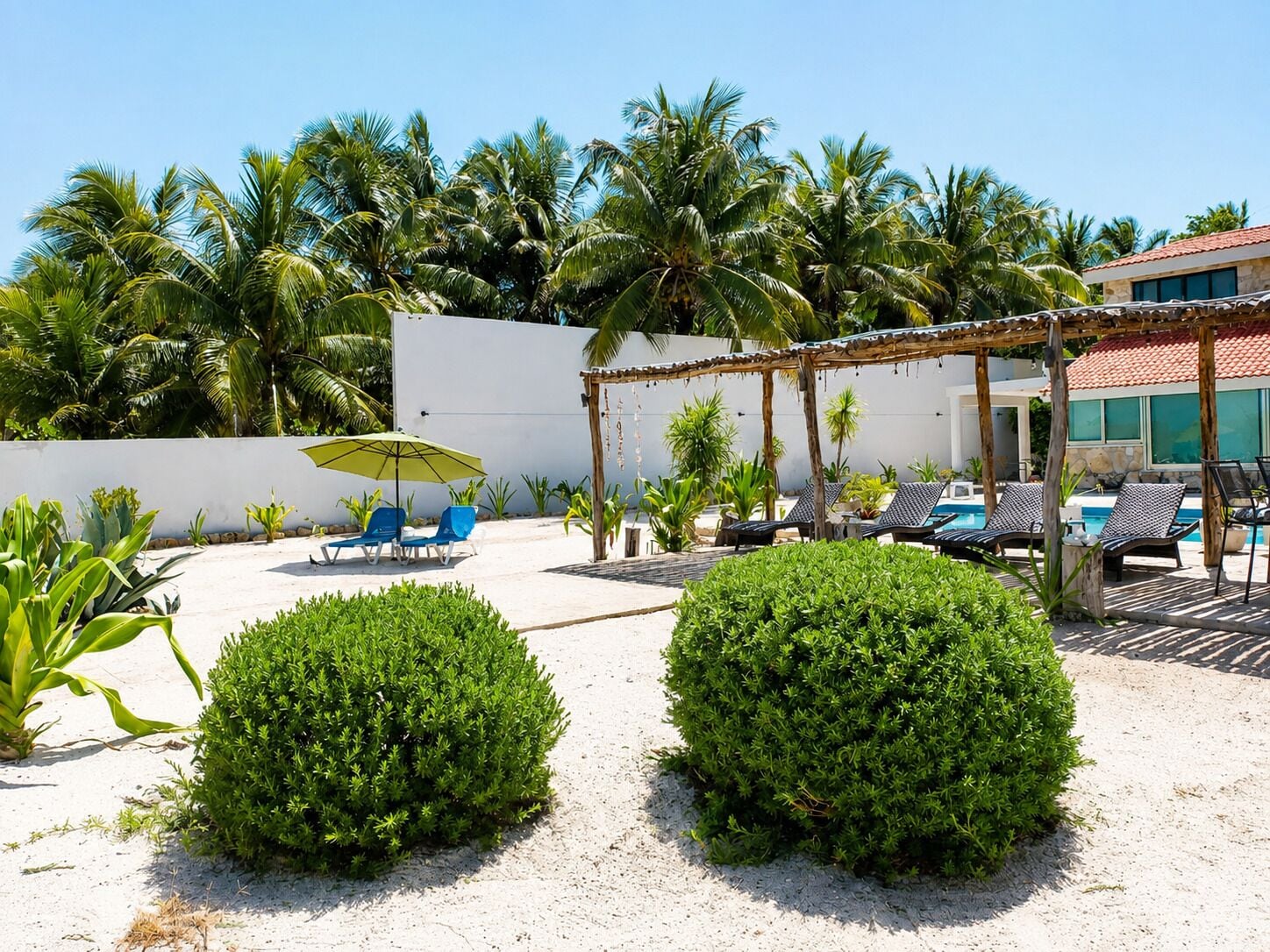 A poolside area with lounge chairs, a pergola, and palm trees.