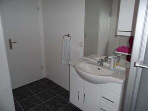Shower, hair dryer, towels - Holiday Apartment 'Braun' with Mountain View and Wi-Fi (Lindau)