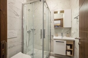 Shower, hair dryer, towels