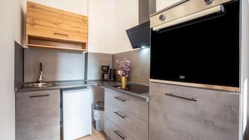 Frigorífico, microondas, horno y placa de cocina