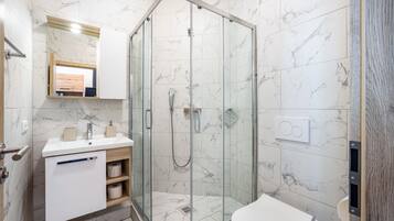 Shower, hair dryer, towels