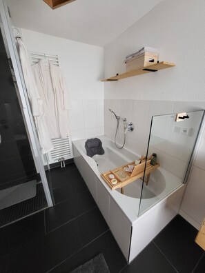 Shower, hair dryer, towels - Apartment 'Schwarzwaldglück' with Mountain View, Shared Terrace and Wi-Fi (Baiersbronn)