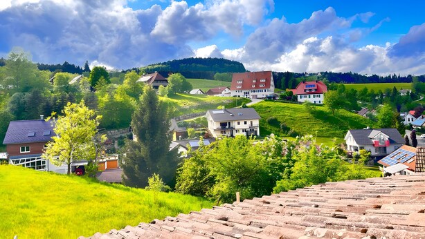 Plattelandsgezicht met huizen, groene velden en een heldere lucht.