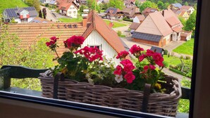 Uitzicht op een dorp met huizen, een berg op de achtergrond en een mand vol bloemen in de voorgrond.