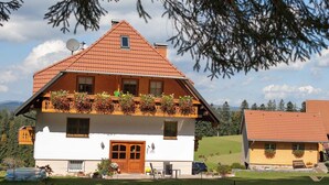 Ein zweigeschossiges Haus mit einem geneigten Dach, einem Balkon mit Blumenkästen und einer Satellitenschüssel.