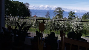 Un balcón con vistas a montañas y un lago.
