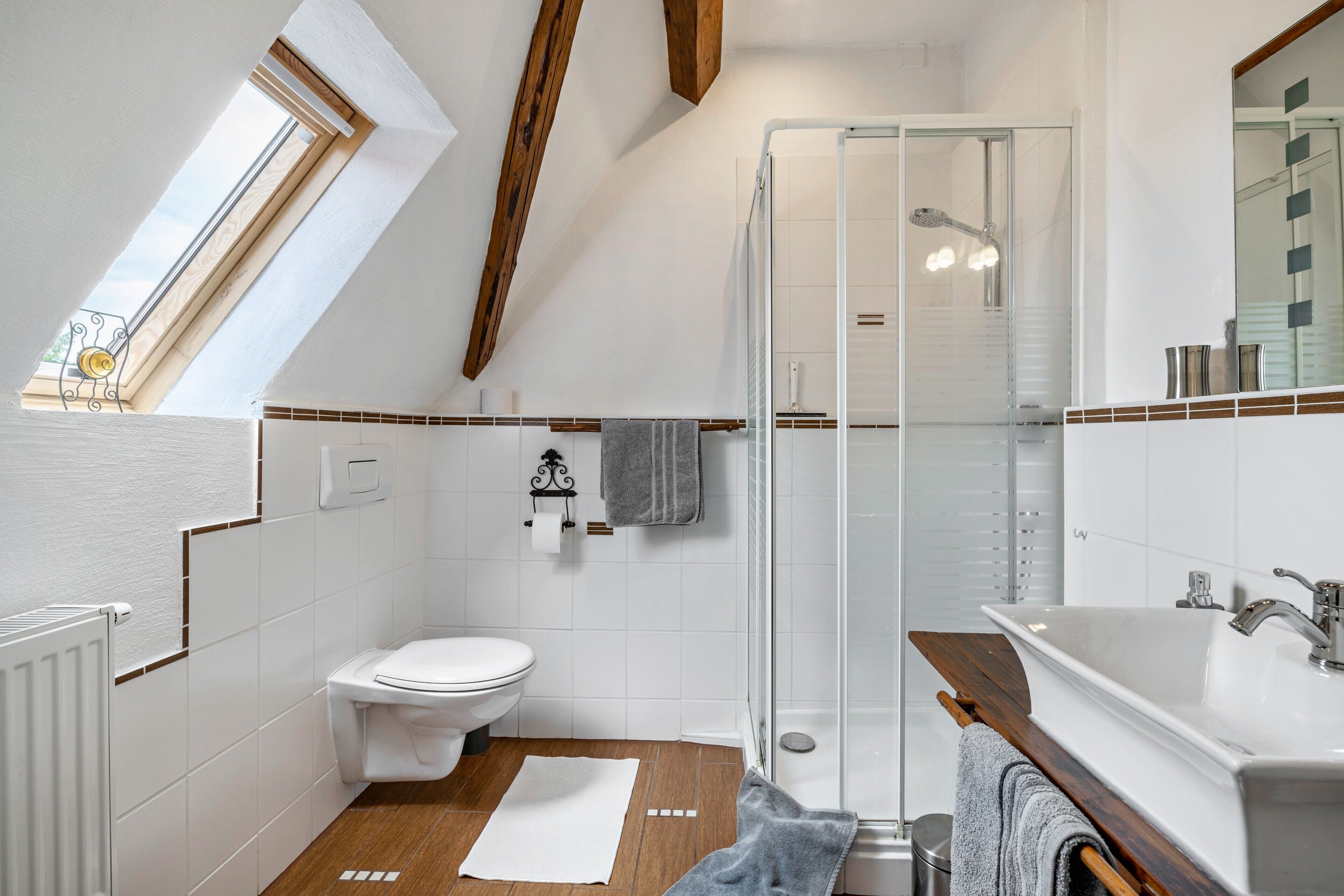 Shower, hair dryer, towels