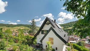 Une maison avec un toit en pente, un petit porche et un jardin où poussent différentes espèces de plantes.