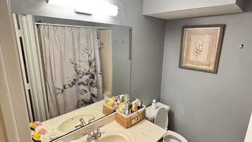 Secadora de cabello, toallas, jabón, shampoo