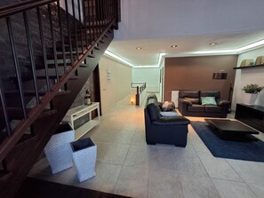 TV, fireplace, foosball