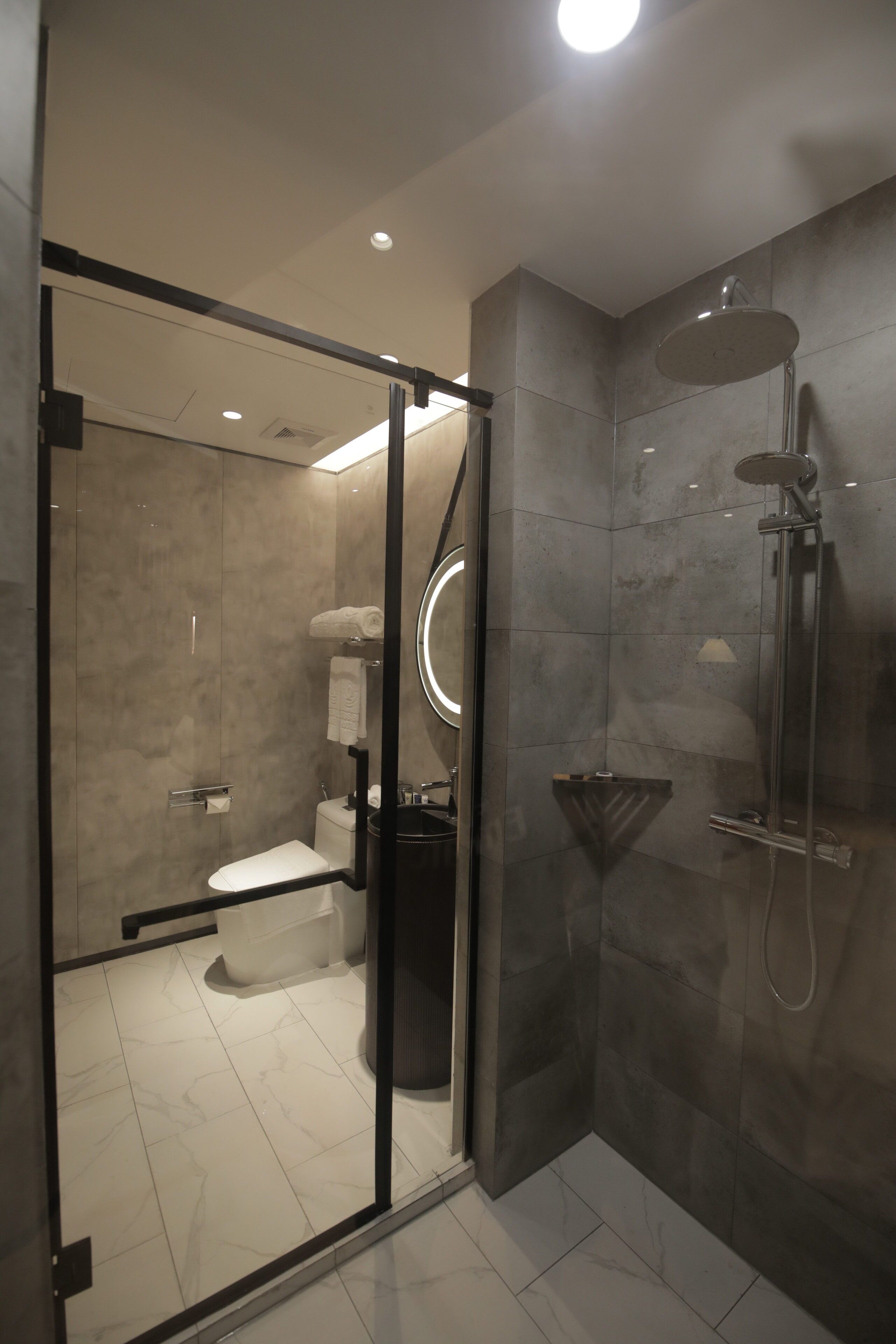A modern bathroom with a glass-enclosed shower, a toilet, and a sink.