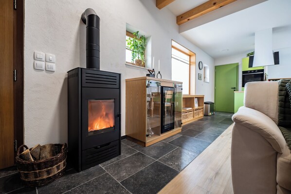 A modern living room with a wood-burning stove, a glass-fronted cabinet, and a green door leading to a kitchen.