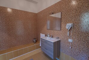 Shower, hair dryer, bidet, towels