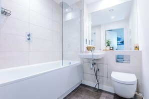 Bidet, towels, soap, shampoo