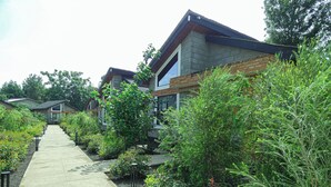 Un chemin mène à une maison moderne avec une façade en pierre et un toit en pente.