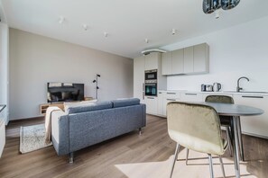 A modern apartment with a living area, kitchenette, and dining space.