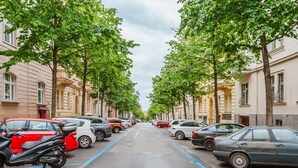 Una strada alberata con auto parcheggiate e palazzi.