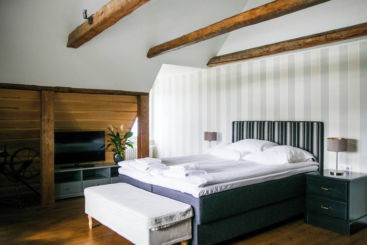 A bedroom with a bed, bedside tables, a bench, a TV, and a potted plant.