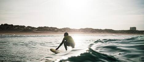 Ein Surfer auf einer Welle, im Hintergrund Küste und Gebäude.