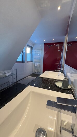 Shower, hair dryer, towels, toilet paper