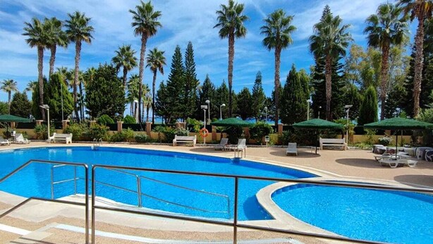 Piscina com espreguiçadeiras e guarda-sóis, cercada por palmeiras e vegetação.