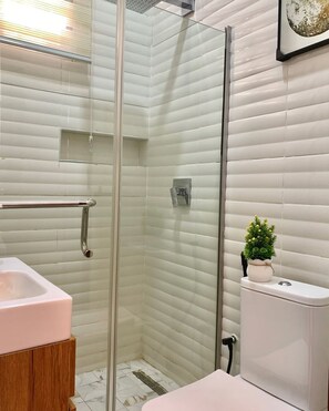 Shower, bidet, towels, soap