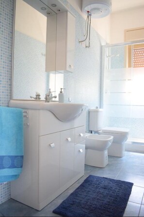 Doccia, bidet, asciugamani, carta igienica