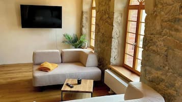Televisión, chimenea y oficina