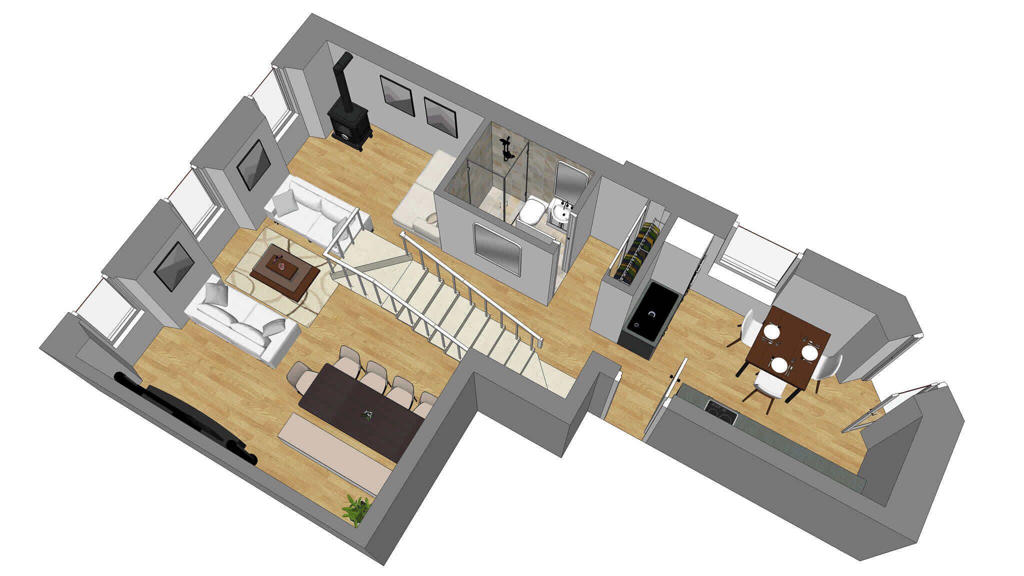 A 3D floor plan of a hotel room with a kitchenette, a dining area, a living room with a sofa and coffee table, a bathroom, and a staircase.