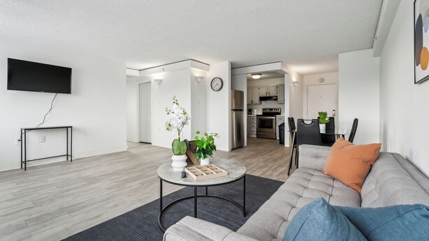 Een moderne woonkamer met een grijze bank, een salontafel met een plant en een flatscreen televisie aan de muur.