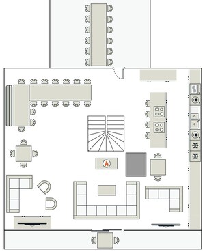 A hotel layout with a central dining area, multiple seating arrangements, a kitchen, and a fireplace. - 5★ Chalet with spa, sauna & hammam for 15 people, close to slopes (La Clusaz)