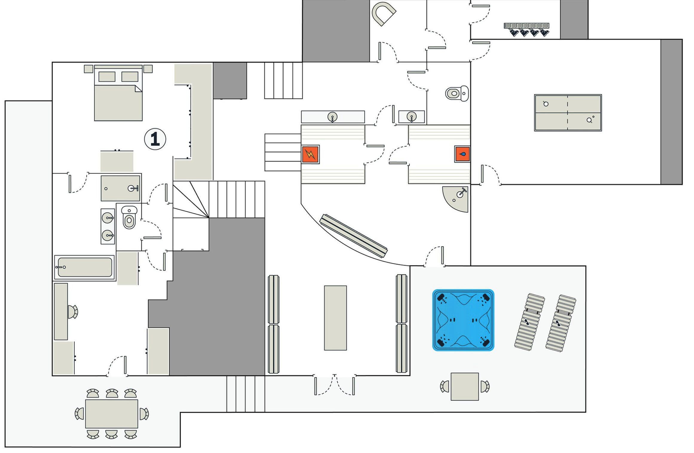 A hotel floor plan with multiple rooms, a pool area, and a dining area.