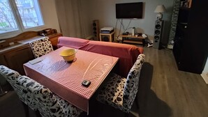 A cozy living room with a dining table, chairs, a sofa, a TV, and a fireplace. - T4 apartment in the center of town (Colomiers)