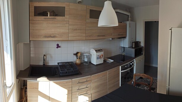 A compact kitchen with wooden cabinets, a microwave, a toaster, and a sink. - T4 apartment in the center of town (Colomiers)