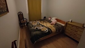A bedroom with a bed, a chair, a dresser, and a window with curtains. - T4 apartment in the center of town (Colomiers)