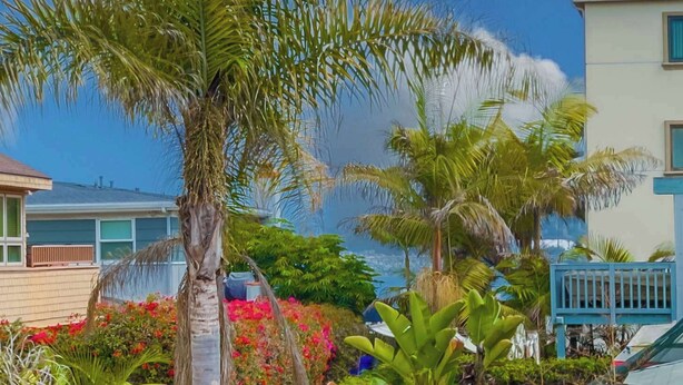A residential area with palm trees, a house, and a view of the ocean. - Steps to Beach & Bay | A/C, Patio & 4 Park Spots (San Diego)