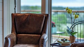 A leather armchair, a potted plant, and a stack of books on a balcony with a view. - Modern Ranch Retreat with Hill Country Views (Gillespie County)