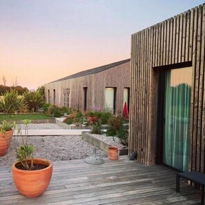 Un bâtiment moderne doté d’une façade en bois et d’une terrasse agrémentée de plantes en pot.